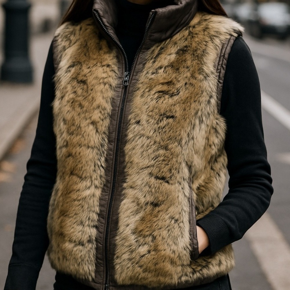 Mob Wife Faux Fur Vest Taupe Brown Plush Zip Front Puffer Collar Women's M